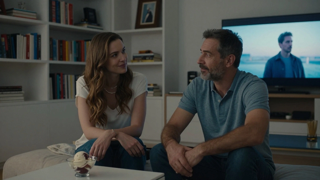 A Russian-speaking companion listens attentively to a client in a cozy apartment with books and soft lighting.