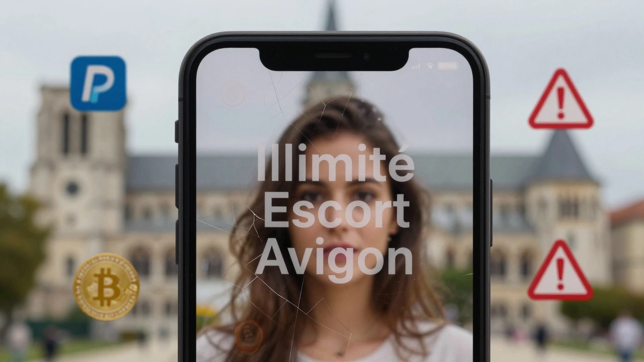 A scammy escort ad on a cracked phone screen with warning icons and historic Avignon in the background.