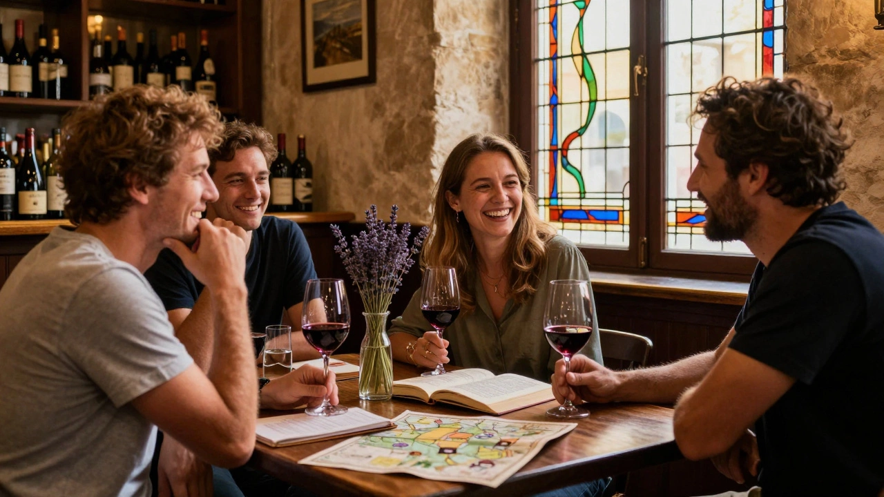 A visitor shares wine and laughter with locals in a warm Avignon wine bar at night.