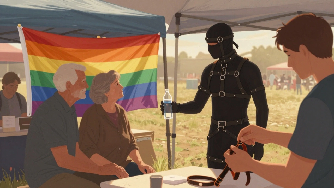 Elderly couple holding hands beside a volunteer repairing a leather harness, offering water to a stranger in quiet corner.