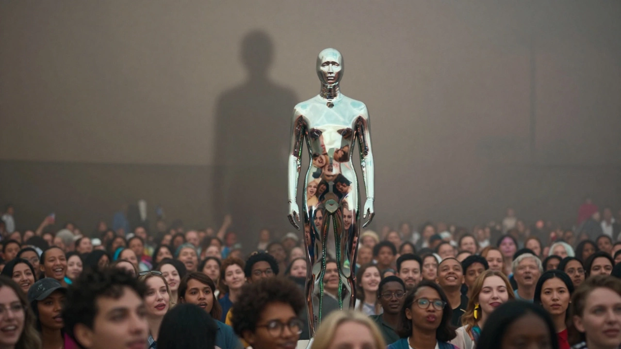 Figure in mirror suit reflecting diverse faces of the fair, shadow of a restrained self dissolving into light.