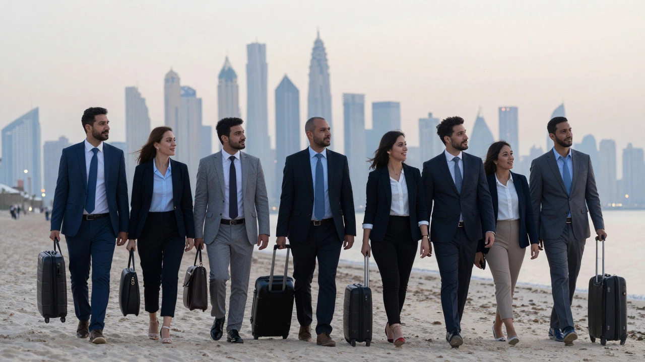 Professionals and their companions walk peacefully along Dubai&#039;s beach at sunrise, sharing quiet moments.